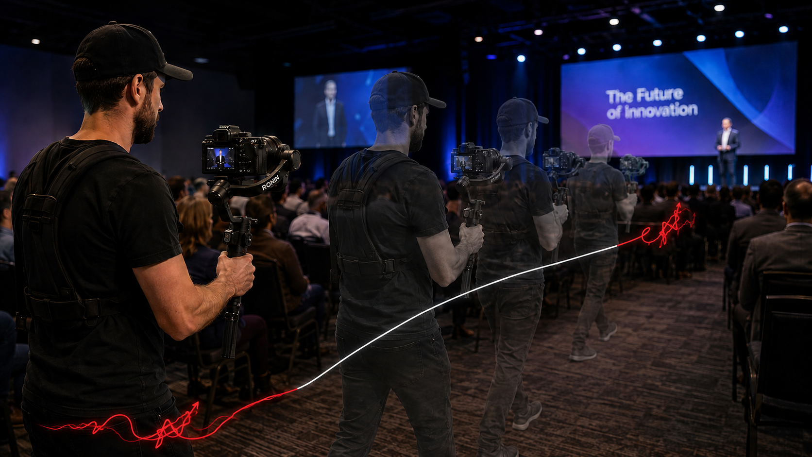 Camera operator filming a live event, the camera's motion path traced behind him.